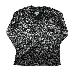 Joanna Vintage Floral Blouse Silver Black Button Up Long Sleeve Rococo Women's S